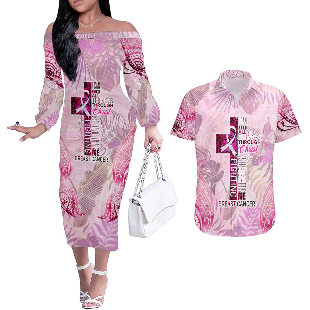 Breast Cancer Polynesian Couples Matching Off The Shoulder Long Sleeve Dress and Hawaiian Shirt I Can Do All Things Through Christ DT02 Pink - Polynesian Pride