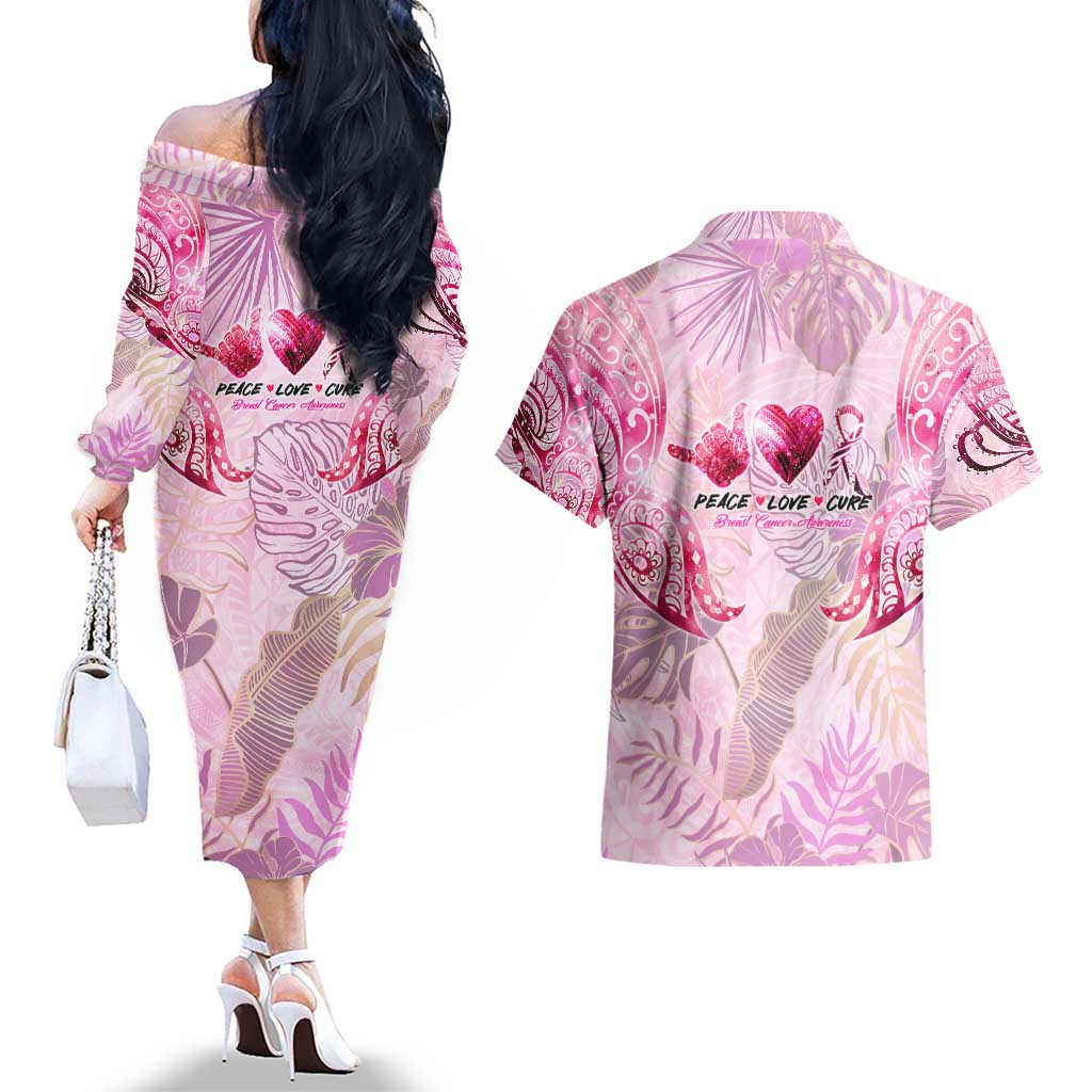 Breast Cancer Polynesian Couples Matching Off The Shoulder Long Sleeve Dress and Hawaiian Shirt I Can Do All Things Through Christ DT02 - Polynesian Pride