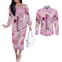 Breast Cancer Polynesian Couples Matching Off The Shoulder Long Sleeve Dress and Long Sleeve Button Shirt I Can Do All Things Through Christ DT02 Pink - Polynesian Pride
