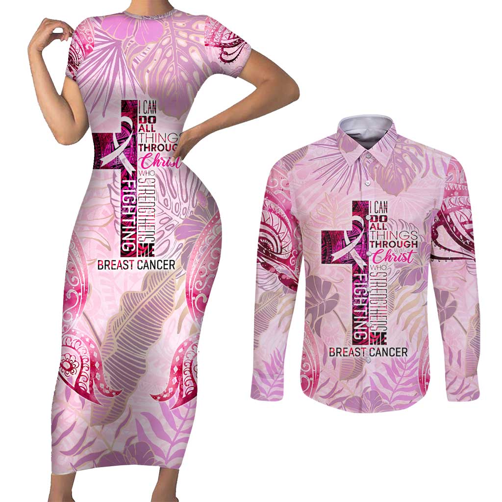 Breast Cancer Polynesian Couples Matching Short Sleeve Bodycon Dress and Long Sleeve Button Shirt I Can Do All Things Through Christ DT02 Pink - Polynesian Pride