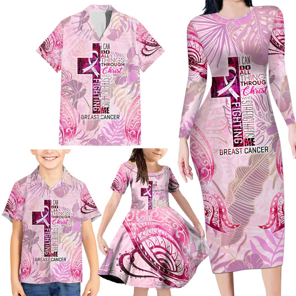 Breast Cancer Polynesian Family Matching Long Sleeve Bodycon Dress and Hawaiian Shirt I Can Do All Things Through Christ DT02 - Polynesian Pride