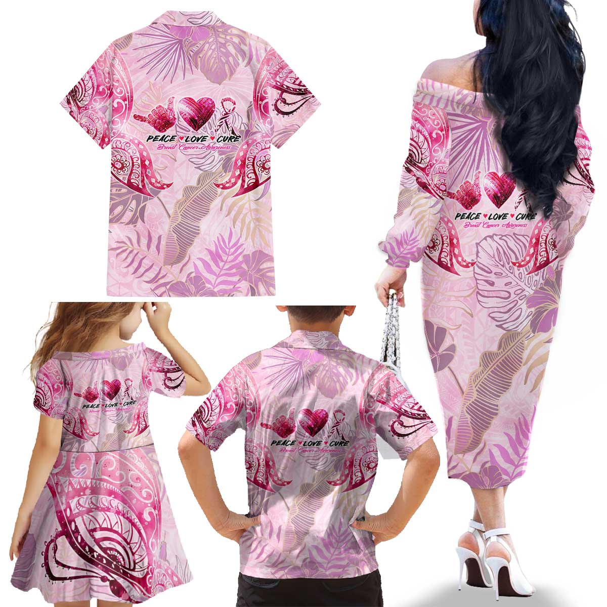 Breast Cancer Polynesian Family Matching Off The Shoulder Long Sleeve Dress and Hawaiian Shirt I Can Do All Things Through Christ DT02 - Polynesian Pride