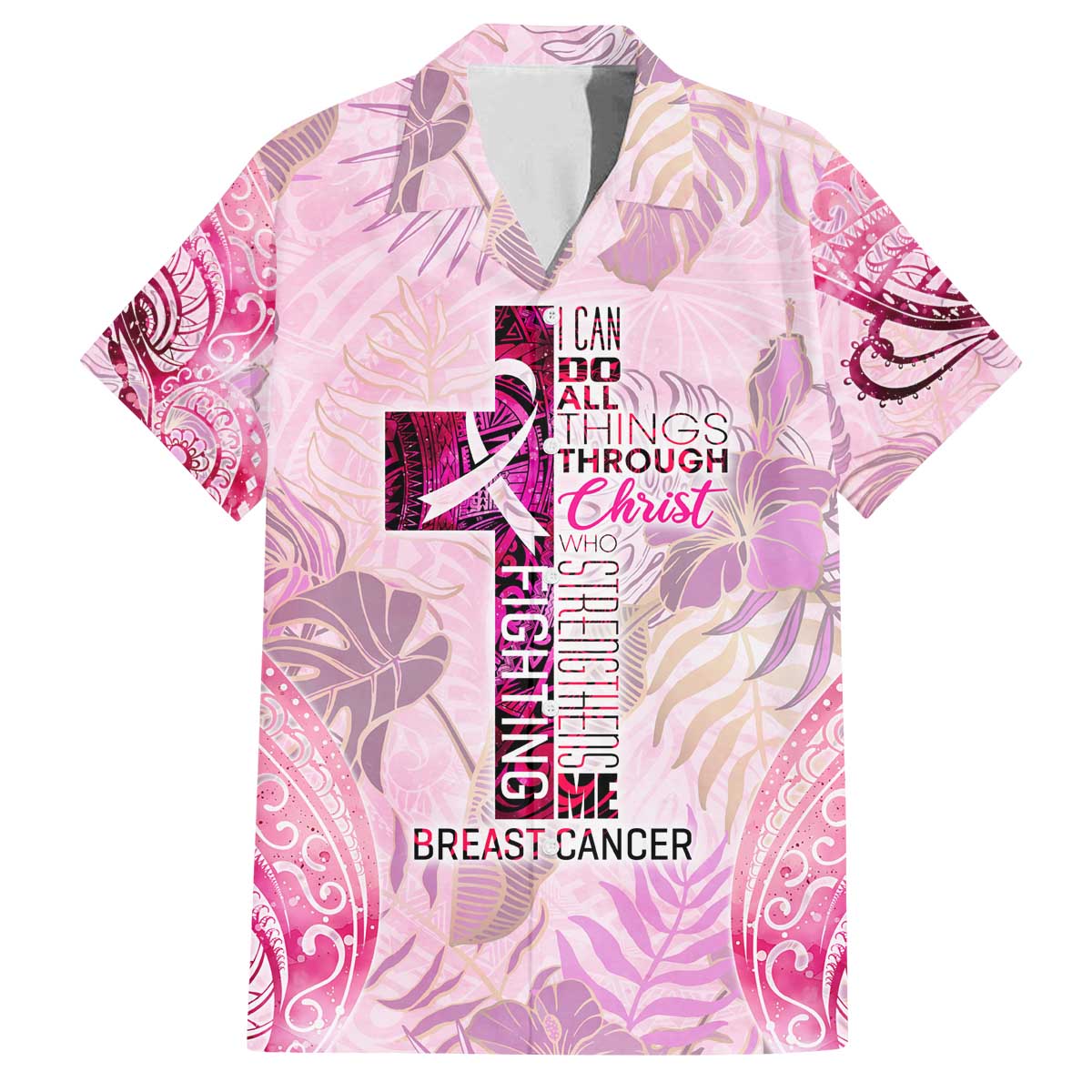 Breast Cancer Polynesian Family Matching Off The Shoulder Long Sleeve Dress and Hawaiian Shirt I Can Do All Things Through Christ DT02 Dad's Shirt - Short Sleeve Pink - Polynesian Pride