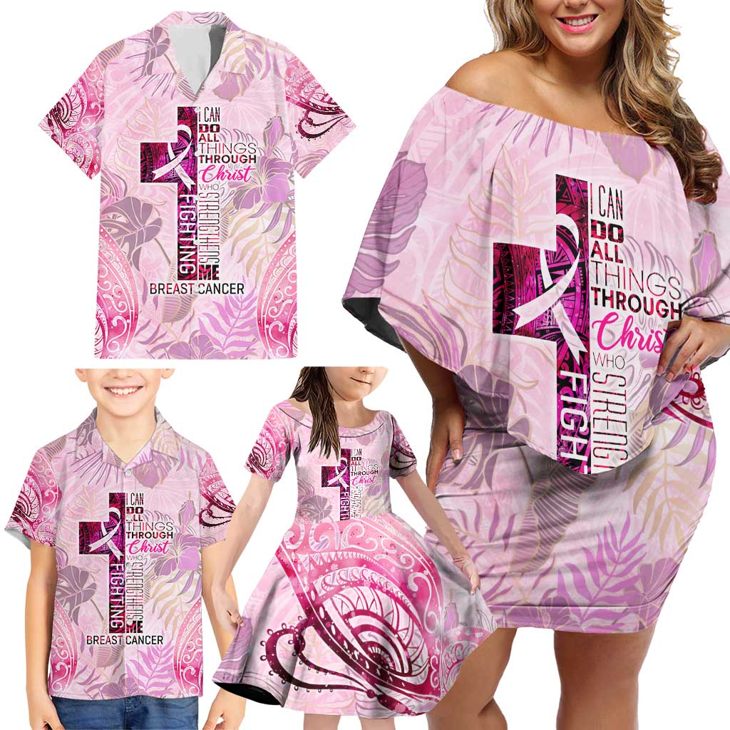 Breast Cancer Polynesian Family Matching Off Shoulder Short Dress and Hawaiian Shirt I Can Do All Things Through Christ DT02 - Polynesian Pride