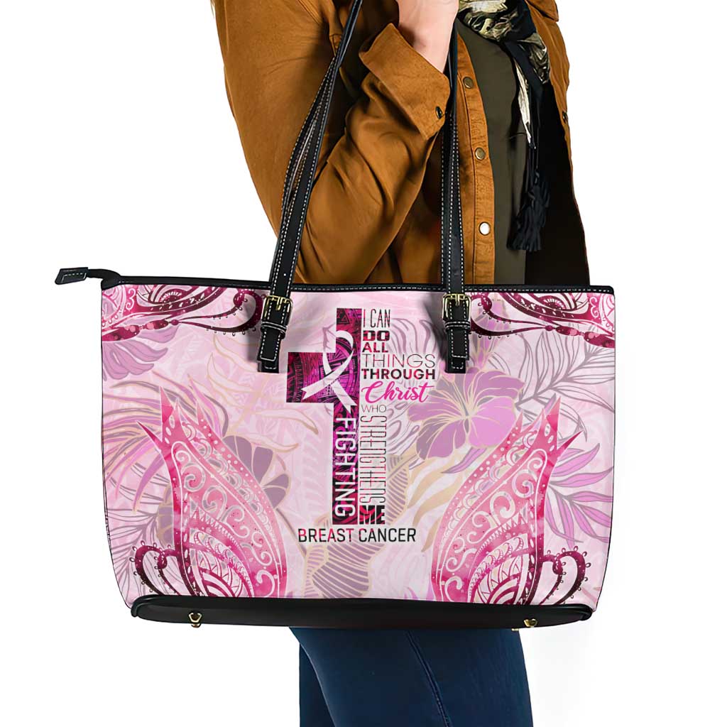 Breast Cancer Polynesian Leather Tote Bag I Can Do All Things Through Christ
