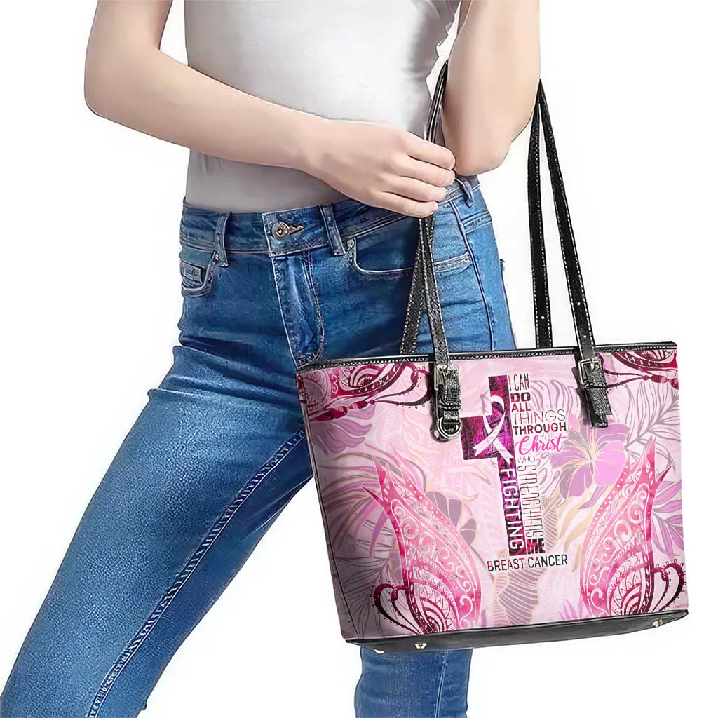 Breast Cancer Polynesian Leather Tote Bag I Can Do All Things Through Christ