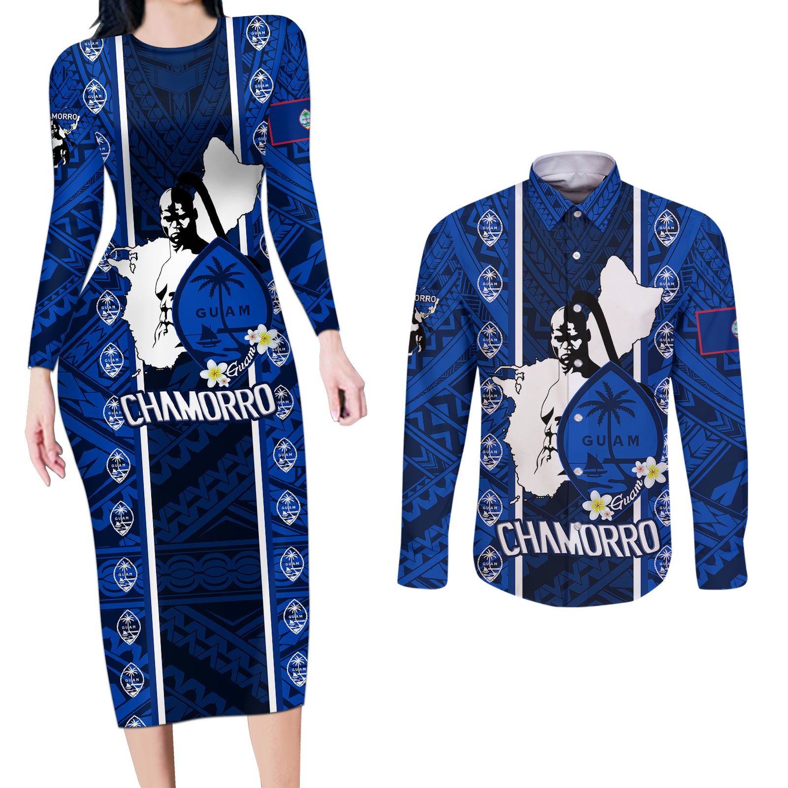 guam-chamorro-warrior-couples-matching-long-sleeve-bodycon-dress-and-long-sleeve-button-shirts-traditional-tribal-patterns