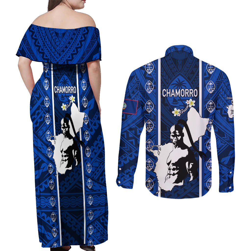 guam-chamorro-warrior-couples-matching-off-shoulder-maxi-dress-and-long-sleeve-button-shirts-traditional-tribal-patterns