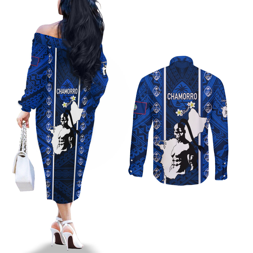 guam-chamorro-warrior-couples-matching-off-the-shoulder-long-sleeve-dress-and-long-sleeve-button-shirts-traditional-tribal-patterns