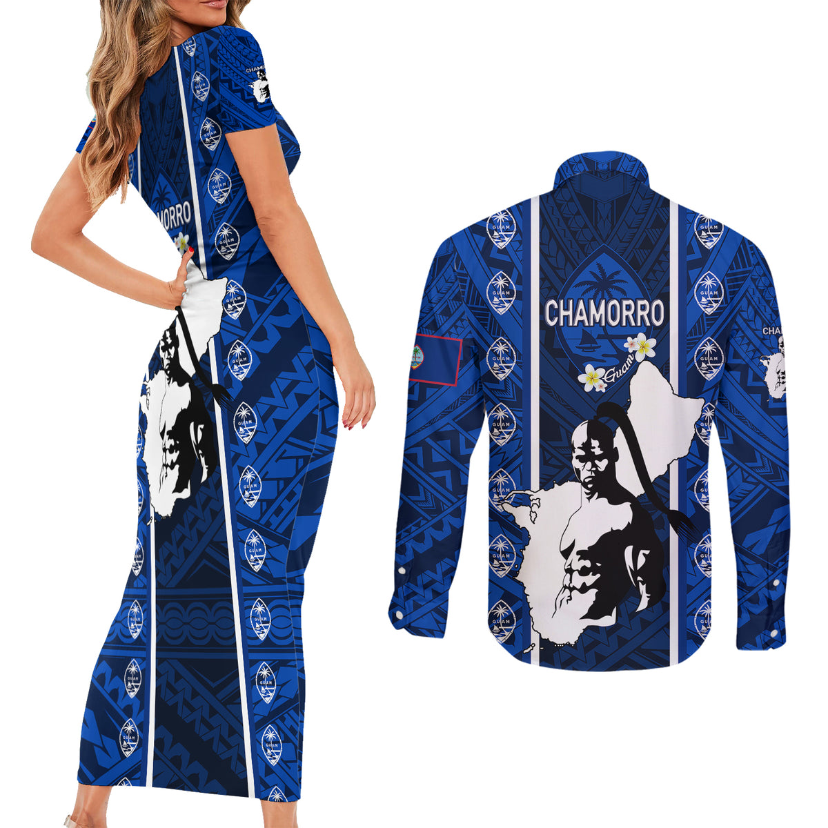 guam-chamorro-warrior-couples-matching-short-sleeve-bodycon-dress-and-long-sleeve-button-shirts-traditional-tribal-patterns