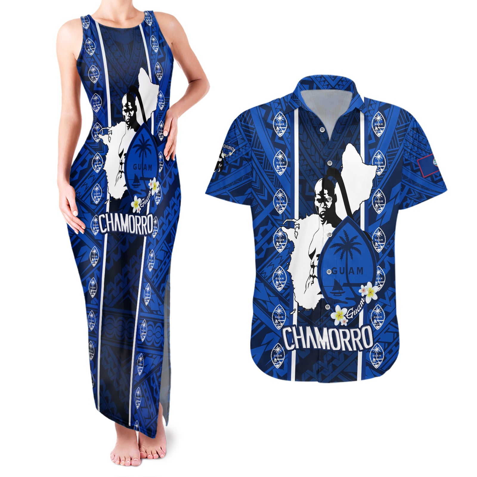 guam-chamorro-warrior-couples-matching-tank-maxi-dress-and-hawaiian-shirt-traditional-tribal-patterns