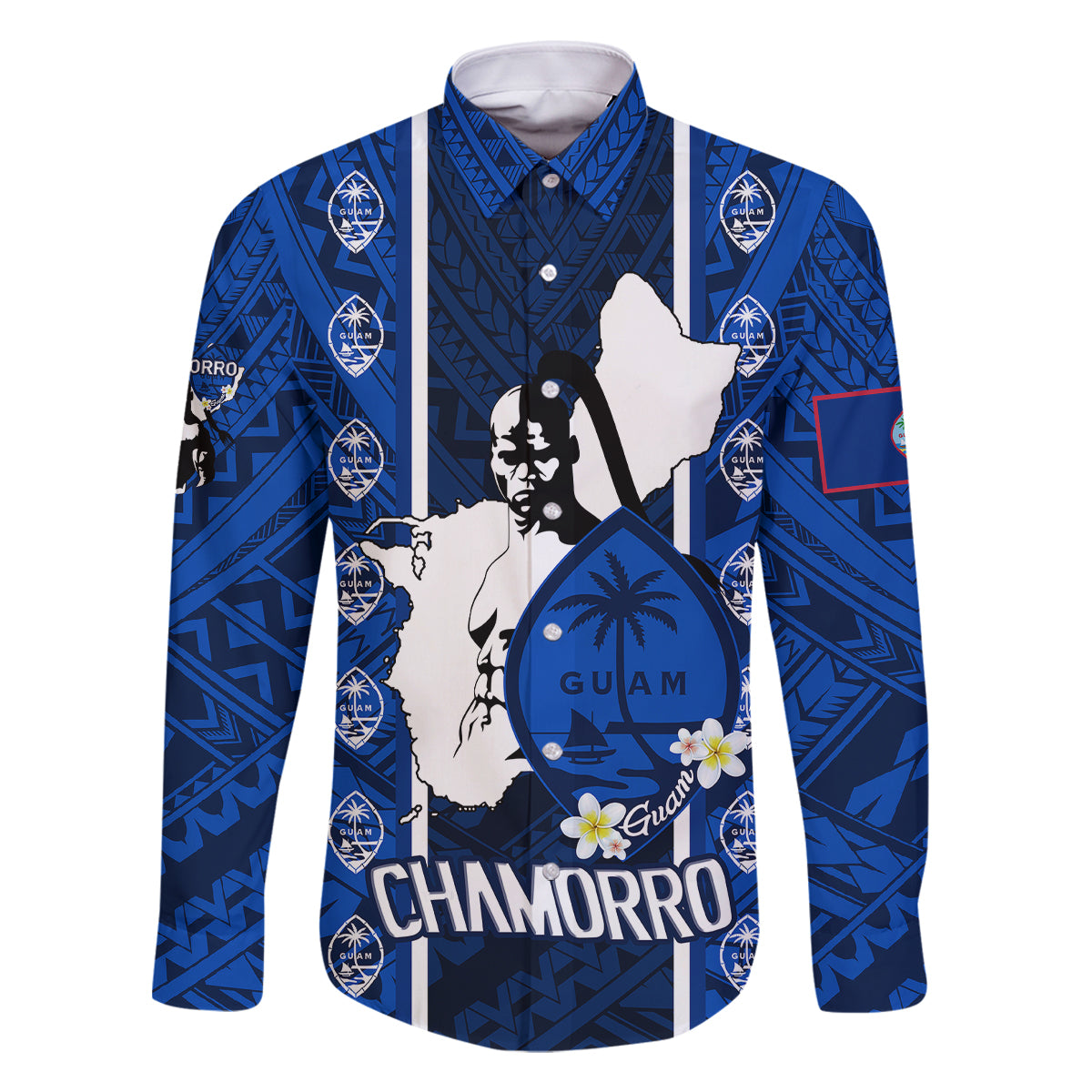 Guam Chamorro Warrior Family Matching Long Sleeve Bodycon Dress and Hawaiian Shirt Traditional Tribal Patterns DT02 Dad's Shirt - Long Sleeve Blue - Polynesian Pride
