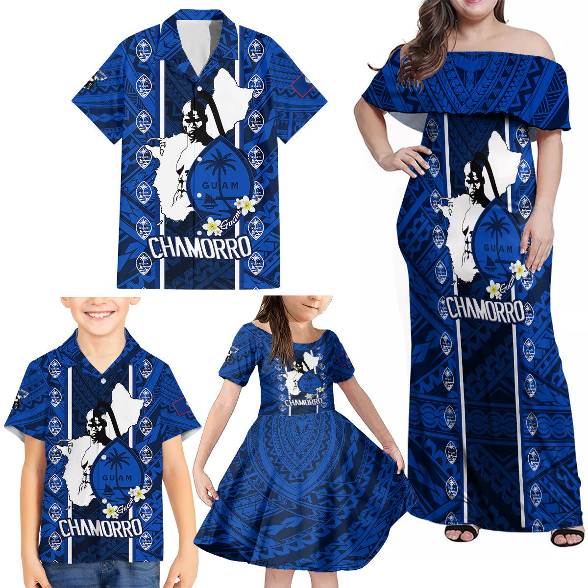 Guam Chamorro Warrior Family Matching Off Shoulder Maxi Dress and Hawaiian Shirt Traditional Tribal Patterns DT02 - Polynesian Pride