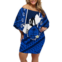 Guam Chamorro Warrior Family Matching Off Shoulder Short Dress and Hawaiian Shirt Traditional Tribal Patterns DT02 Mom's Dress Blue - Polynesian Pride