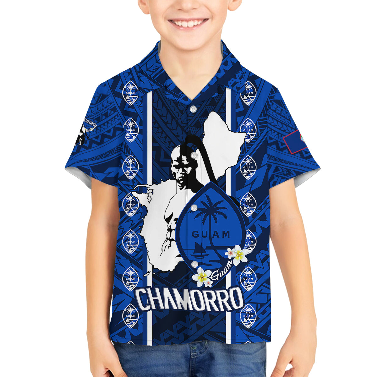Guam Chamorro Warrior Family Matching Puletasi Dress and Hawaiian Shirt Traditional Tribal Patterns DT02 Son's Shirt Blue - Polynesian Pride
