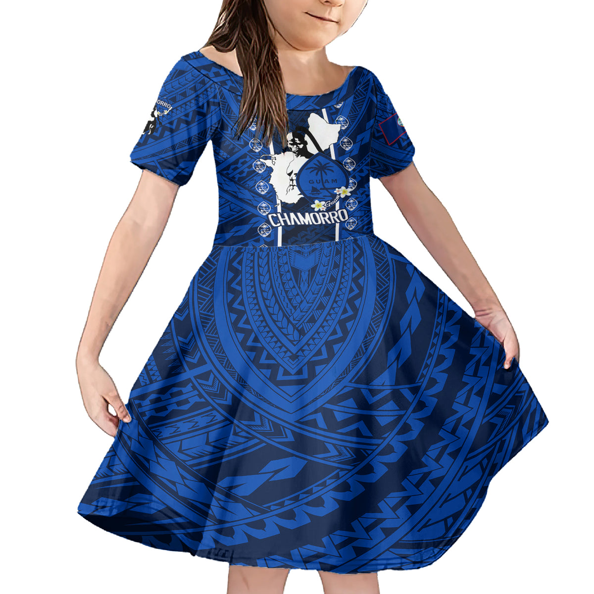 Guam Chamorro Warrior Family Matching Short Sleeve Bodycon Dress and Hawaiian Shirt Traditional Tribal Patterns DT02 Daughter's Dress Blue - Polynesian Pride