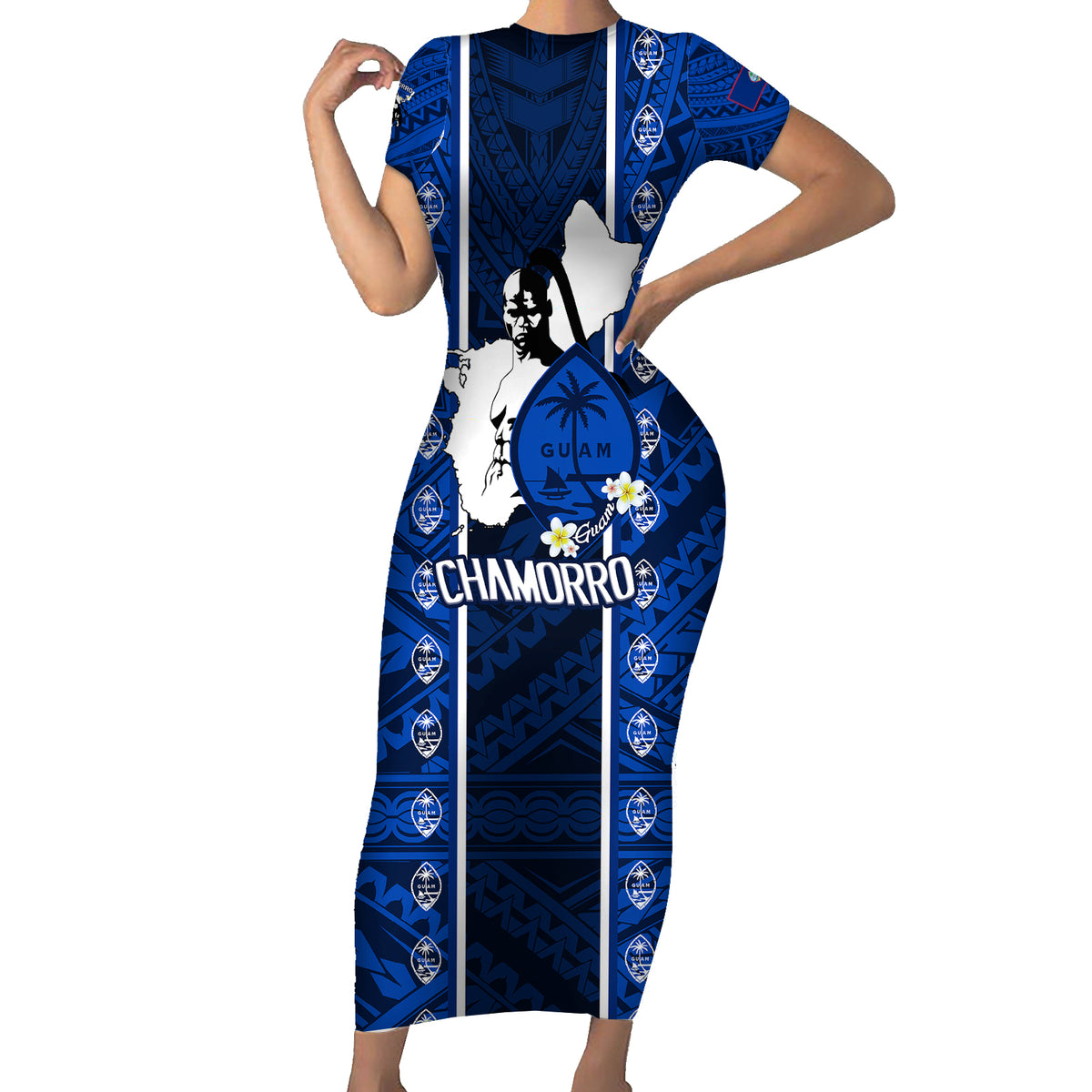 Guam Chamorro Warrior Family Matching Short Sleeve Bodycon Dress and Hawaiian Shirt Traditional Tribal Patterns DT02 Mom's Dress Blue - Polynesian Pride