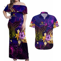Wallis and Futuna Couples Matching Off Shoulder Maxi Dress and Hawaiian Shirt Whale Hibiscus Polynesian DT02 Purple - Polynesian Pride