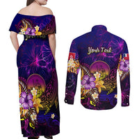 Wallis and Futuna Couples Matching Off Shoulder Maxi Dress and Long Sleeve Button Shirt Whale Hibiscus Polynesian