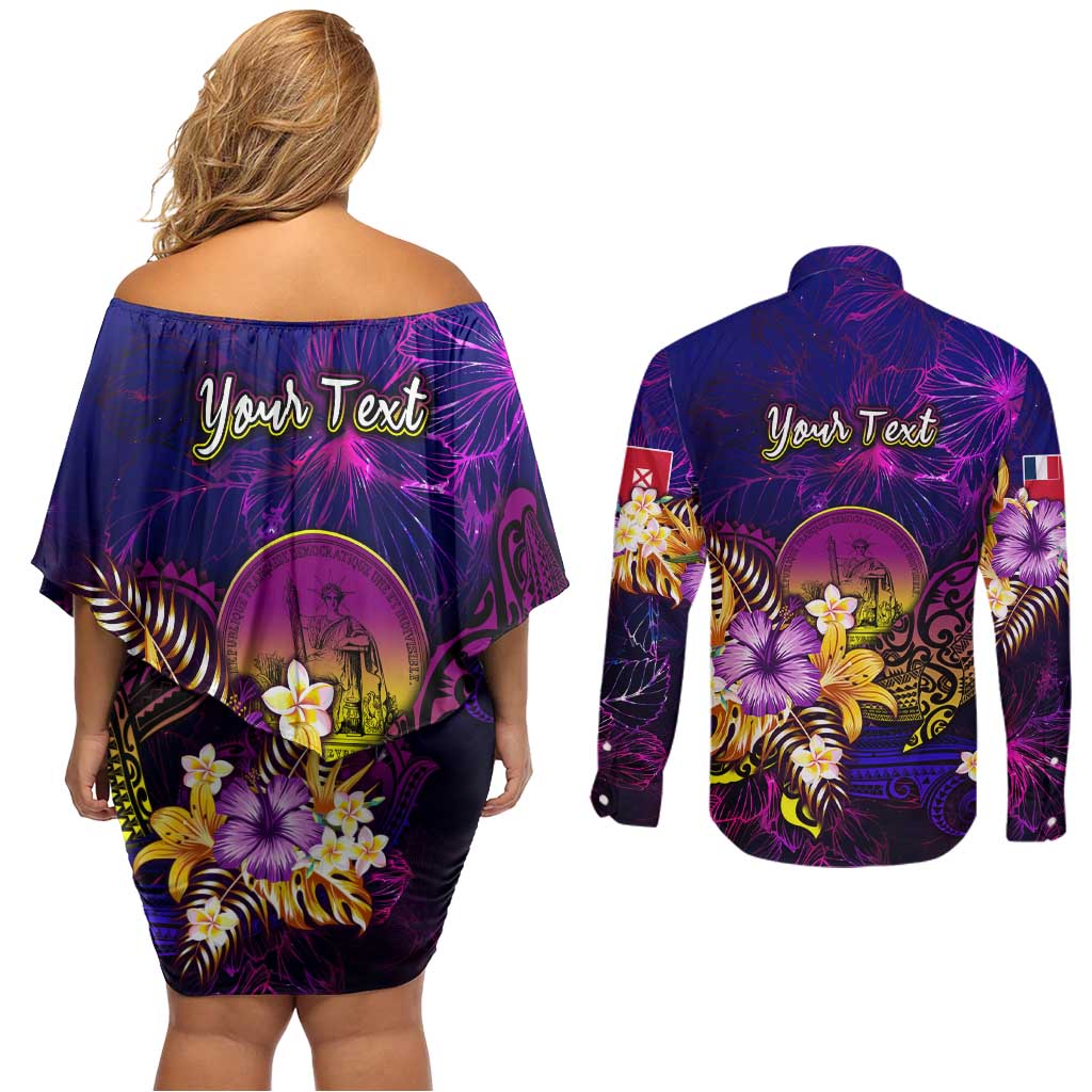 Wallis and Futuna Couples Matching Off Shoulder Short Dress and Long Sleeve Button Shirt Whale Hibiscus Polynesian