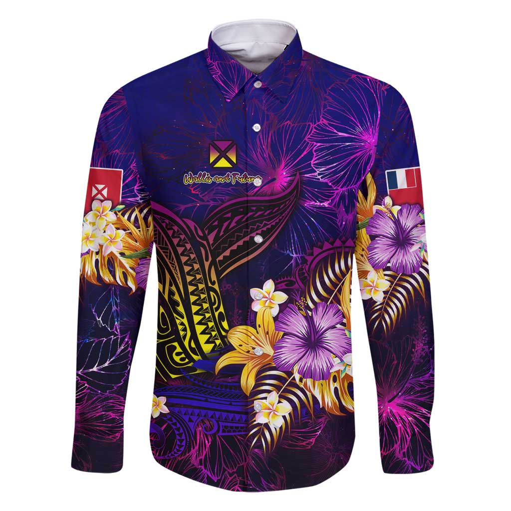 Wallis and Futuna Family Matching Tank Maxi Dress and Hawaiian Shirt Whale Hibiscus Polynesian DT02 Dad's Shirt - Long Sleeve Purple - Polynesian Pride
