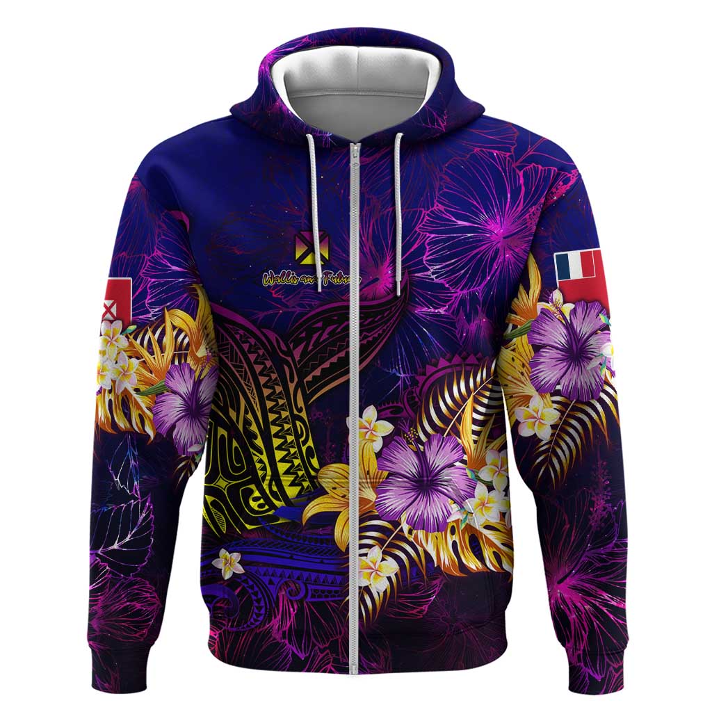 Wallis and Futuna Hoodie Whale Hibiscus Polynesian DT02 Zip Hoodie Purple - Polynesian Pride