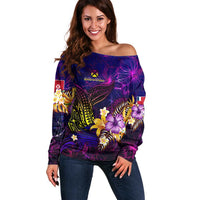 Wallis and Futuna Off Shoulder Sweater Whale Hibiscus Polynesian DT02 Women Purple - Polynesian Pride