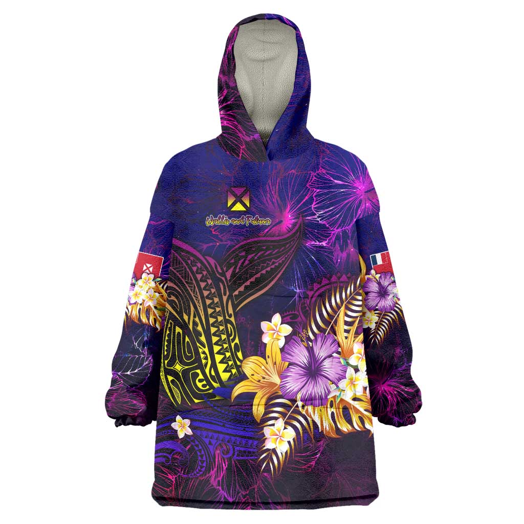 Wallis and Futuna Wearable Blanket Hoodie Whale Hibiscus Polynesian