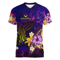 Wallis and Futuna Women V-Neck T-Shirt Whale Hibiscus Polynesian