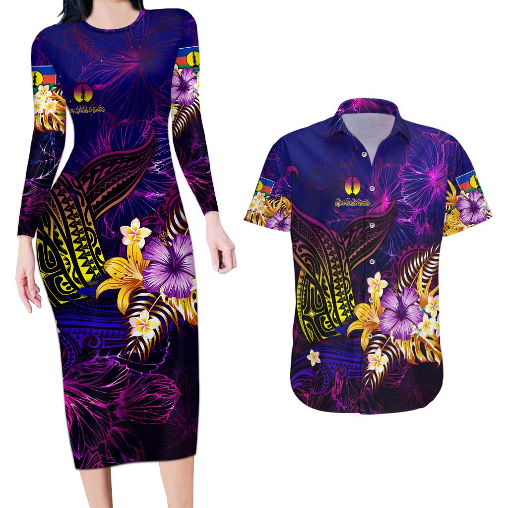 New Caledonia Couples Matching Long Sleeve Bodycon Dress and Hawaiian Shirt Whale Hibiscus Polynesian DT02 Purple - Polynesian Pride