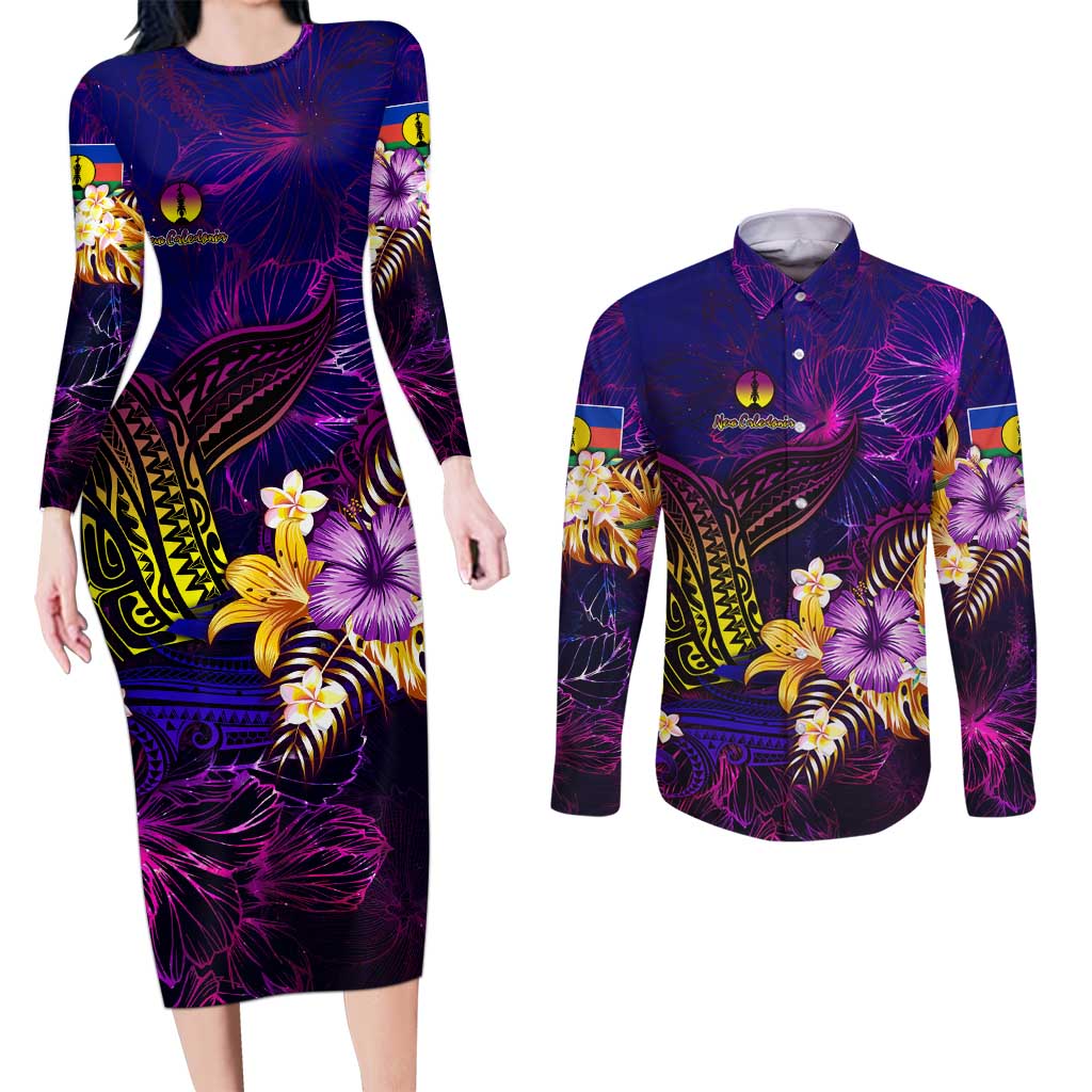 New Caledonia Couples Matching Long Sleeve Bodycon Dress and Long Sleeve Button Shirt Whale Hibiscus Polynesian DT02 Purple - Polynesian Pride