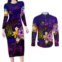 New Caledonia Couples Matching Long Sleeve Bodycon Dress and Long Sleeve Button Shirt Whale Hibiscus Polynesian DT02 Purple - Polynesian Pride
