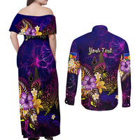 New Caledonia Couples Matching Off Shoulder Maxi Dress and Long Sleeve Button Shirt Whale Hibiscus Polynesian