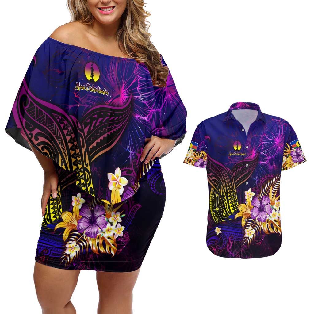 New Caledonia Couples Matching Off Shoulder Short Dress and Hawaiian Shirt Whale Hibiscus Polynesian DT02 Purple - Polynesian Pride