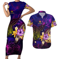 New Caledonia Couples Matching Short Sleeve Bodycon Dress and Hawaiian Shirt Whale Hibiscus Polynesian DT02 Purple - Polynesian Pride