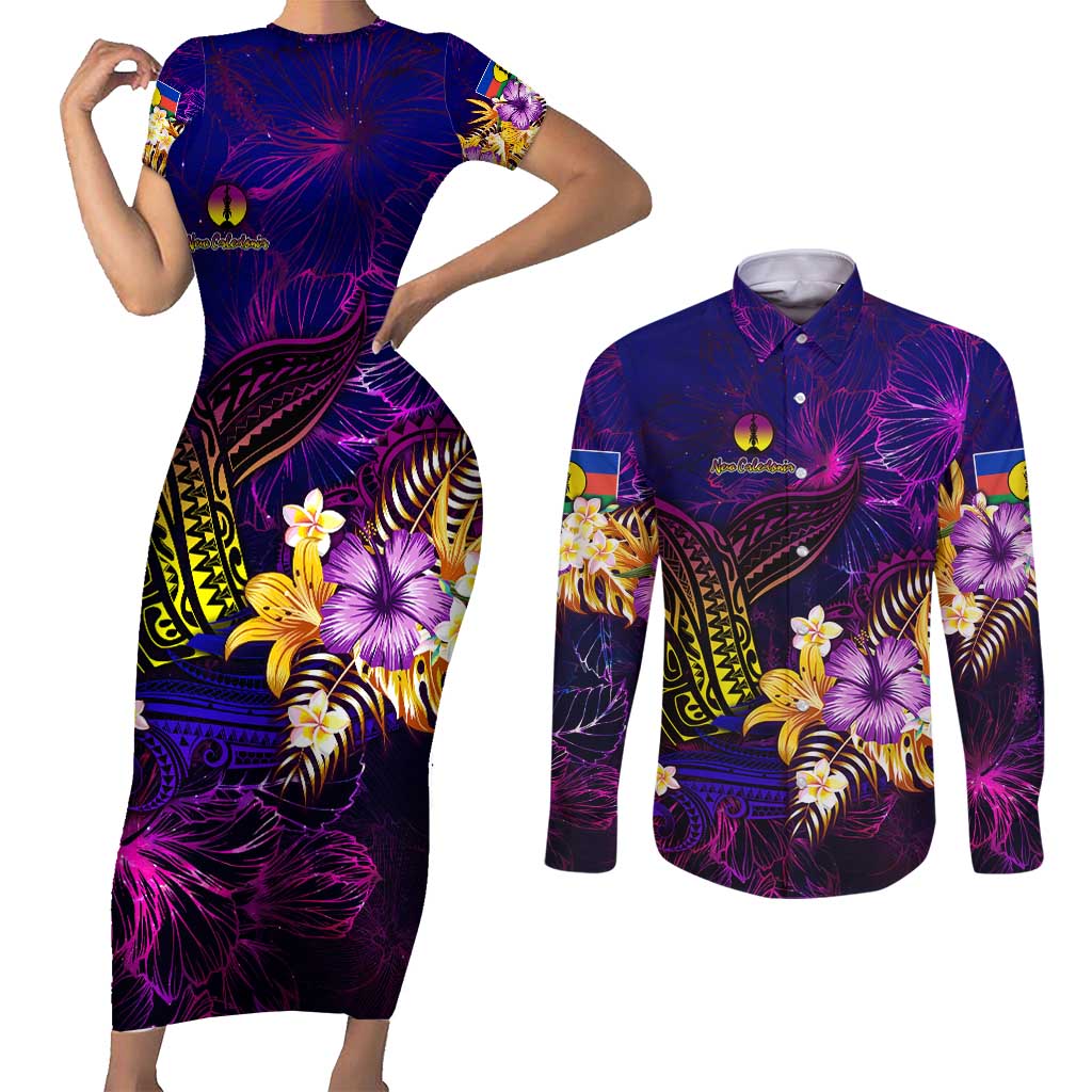 New Caledonia Couples Matching Short Sleeve Bodycon Dress and Long Sleeve Button Shirt Whale Hibiscus Polynesian DT02 Purple - Polynesian Pride