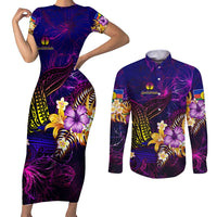 New Caledonia Couples Matching Short Sleeve Bodycon Dress and Long Sleeve Button Shirt Whale Hibiscus Polynesian DT02 Purple - Polynesian Pride