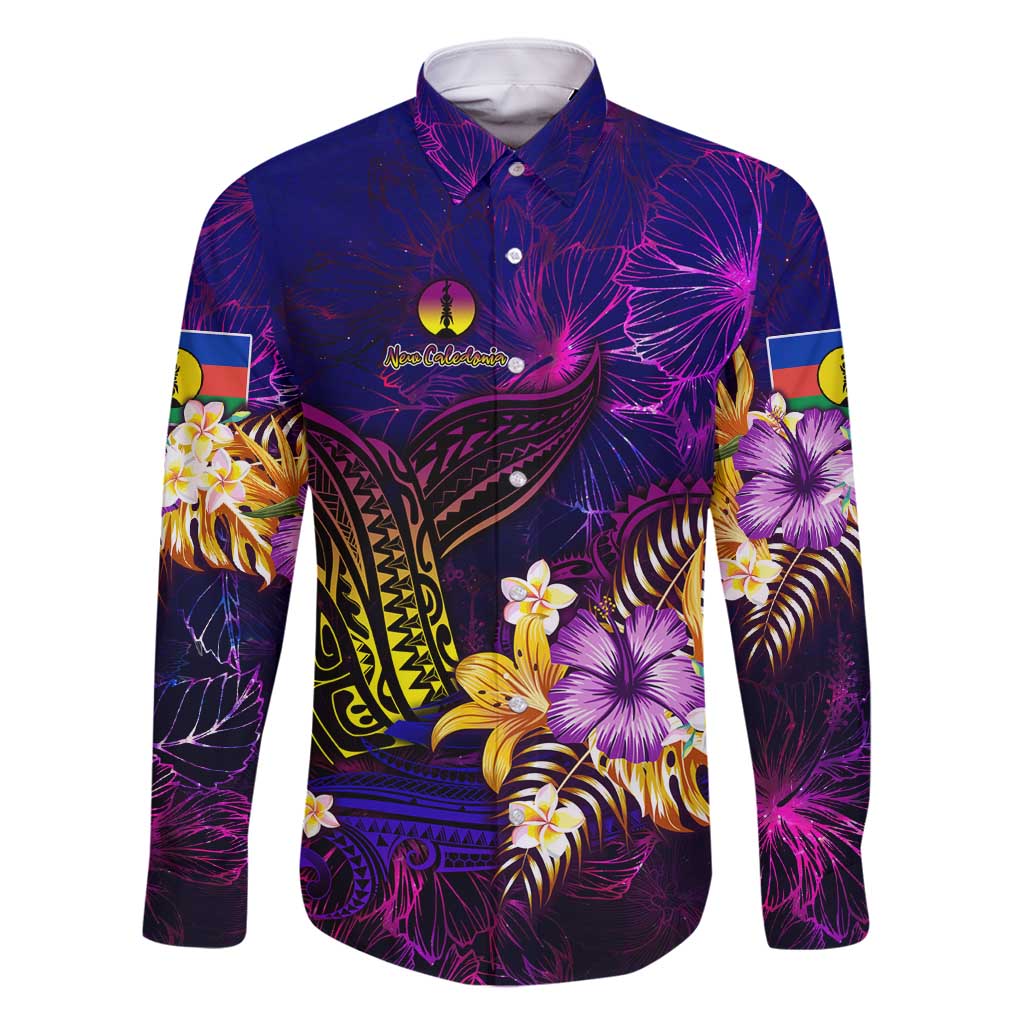 New Caledonia Family Matching Tank Maxi Dress and Hawaiian Shirt Whale Hibiscus Polynesian DT02 Dad's Shirt - Long Sleeve Purple - Polynesian Pride
