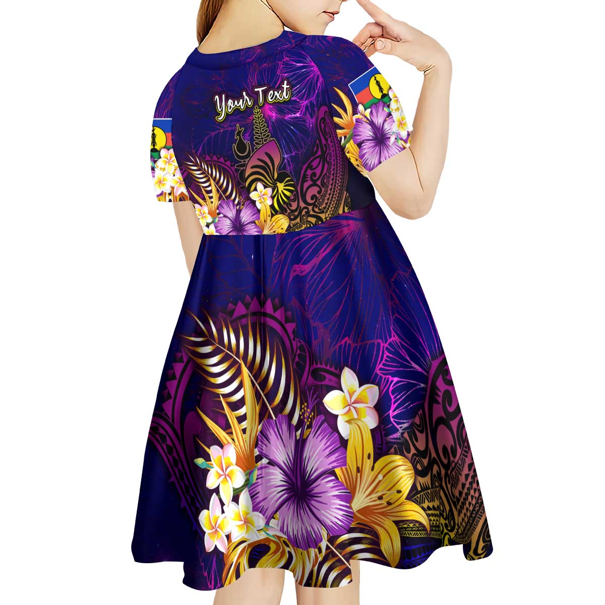 New Caledonia Kid Short Sleeve Dress Whale Hibiscus Polynesian