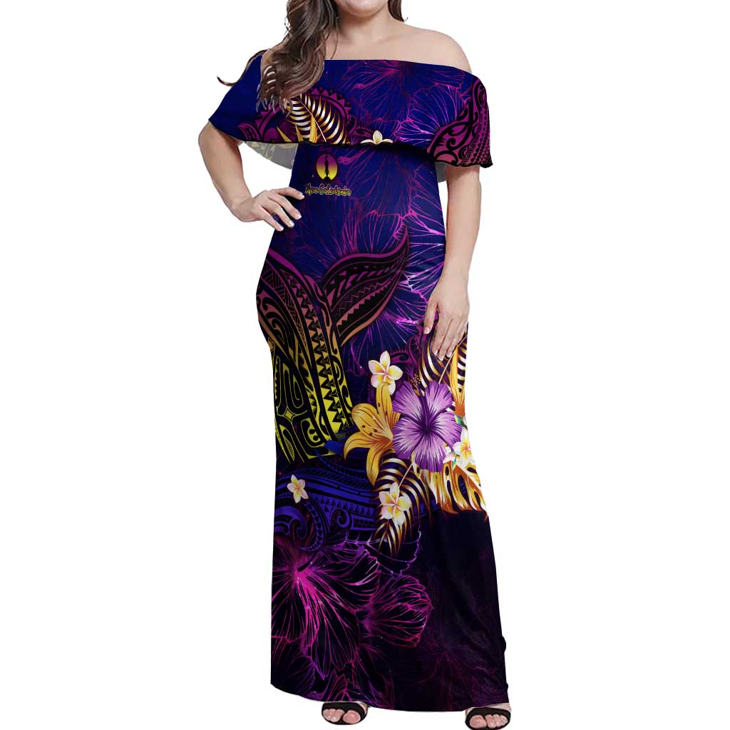 New Caledonia Off Shoulder Maxi Dress Whale Hibiscus Polynesian DT02 Women Purple - Polynesian Pride