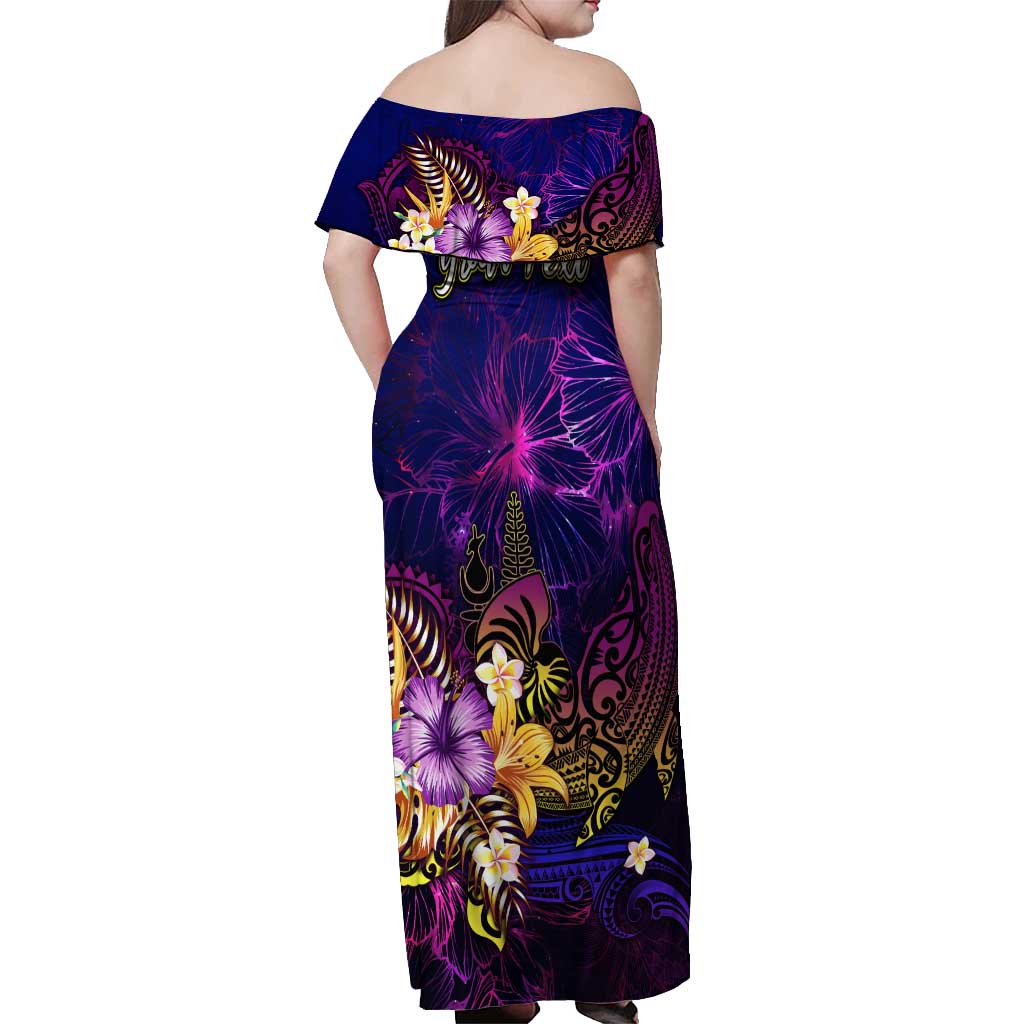 New Caledonia Off Shoulder Maxi Dress Whale Hibiscus Polynesian DT02 - Polynesian Pride