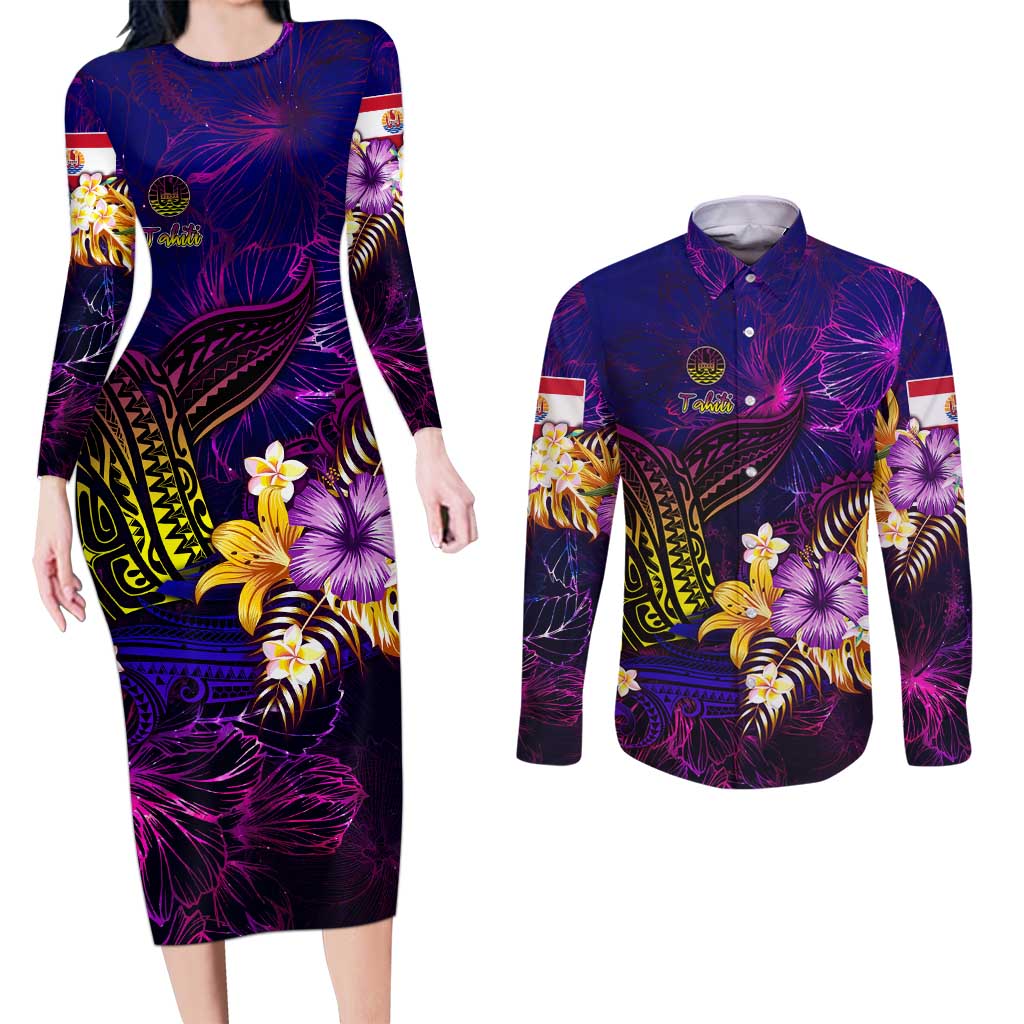 Tahiti French Polynesia Couples Matching Long Sleeve Bodycon Dress and Long Sleeve Button Shirt Whale Hibiscus Polynesian DT02 Purple - Polynesian Pride