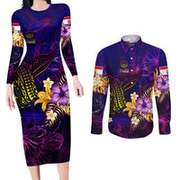 Tahiti French Polynesia Couples Matching Long Sleeve Bodycon Dress and Long Sleeve Button Shirt Whale Hibiscus Polynesian DT02 Purple - Polynesian Pride
