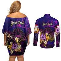 Tahiti French Polynesia Couples Matching Off Shoulder Short Dress and Long Sleeve Button Shirt Whale Hibiscus Polynesian DT02 - Polynesian Pride