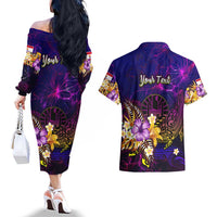Tahiti French Polynesia Couples Matching Off The Shoulder Long Sleeve Dress and Hawaiian Shirt Whale Hibiscus Polynesian DT02 - Polynesian Pride