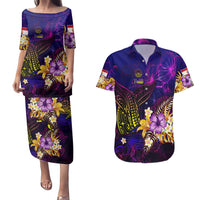Tahiti French Polynesia Couples Matching Puletasi and Hawaiian Shirt Whale Hibiscus Polynesian DT02 Purple - Polynesian Pride