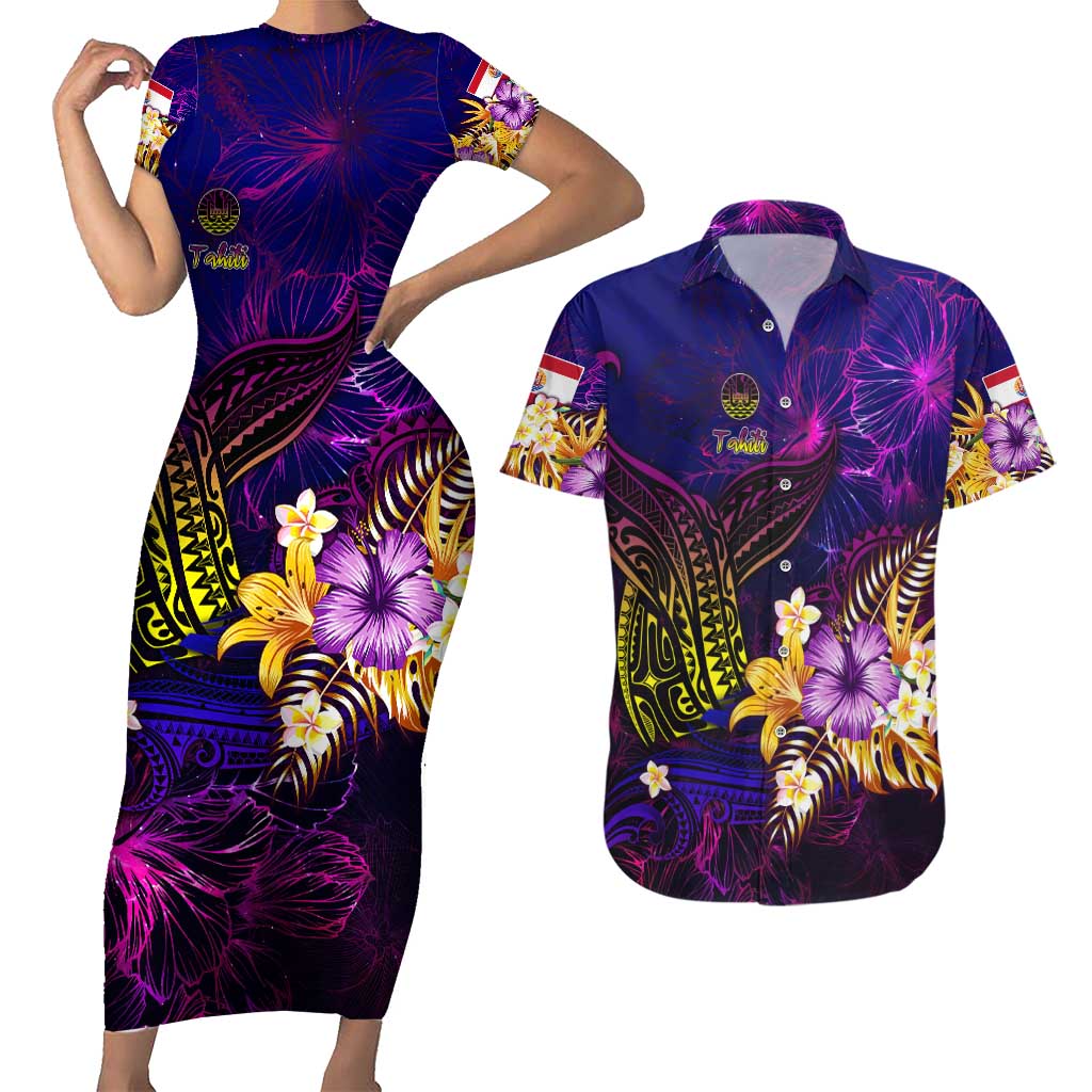 Tahiti French Polynesia Couples Matching Short Sleeve Bodycon Dress and Hawaiian Shirt Whale Hibiscus Polynesian DT02 Purple - Polynesian Pride