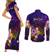 Tahiti French Polynesia Couples Matching Short Sleeve Bodycon Dress and Long Sleeve Button Shirt Whale Hibiscus Polynesian DT02 - Polynesian Pride