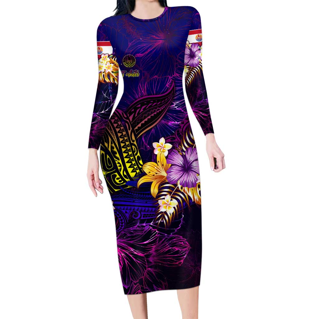 Tahiti French Polynesia Family Matching Long Sleeve Bodycon Dress and Hawaiian Shirt Whale Hibiscus Polynesian DT02 Mom's Dress Purple - Polynesian Pride