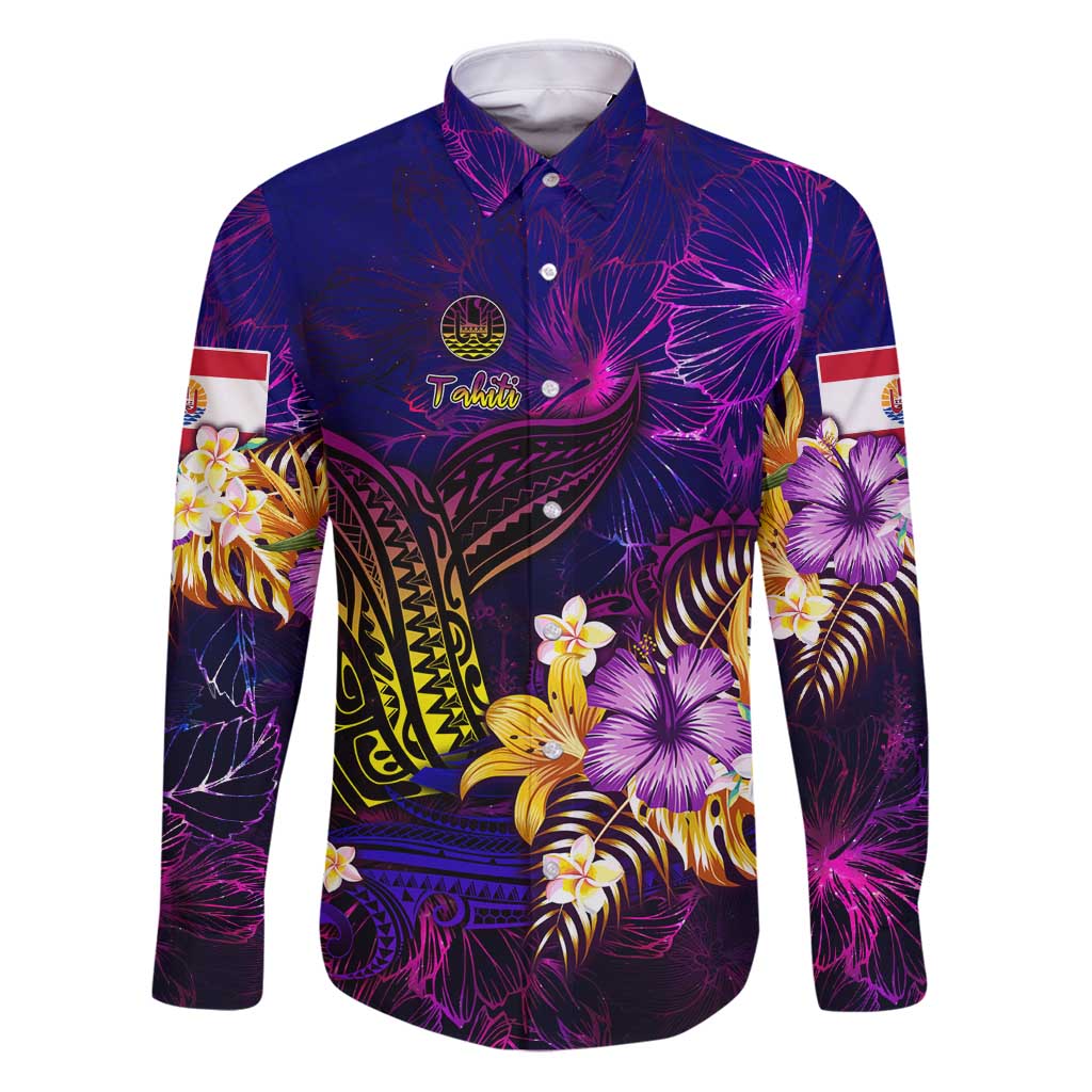 Tahiti French Polynesia Family Matching Puletasi and Hawaiian Shirt Whale Hibiscus Polynesian DT02 Dad's Shirt - Long Sleeve Purple - Polynesian Pride